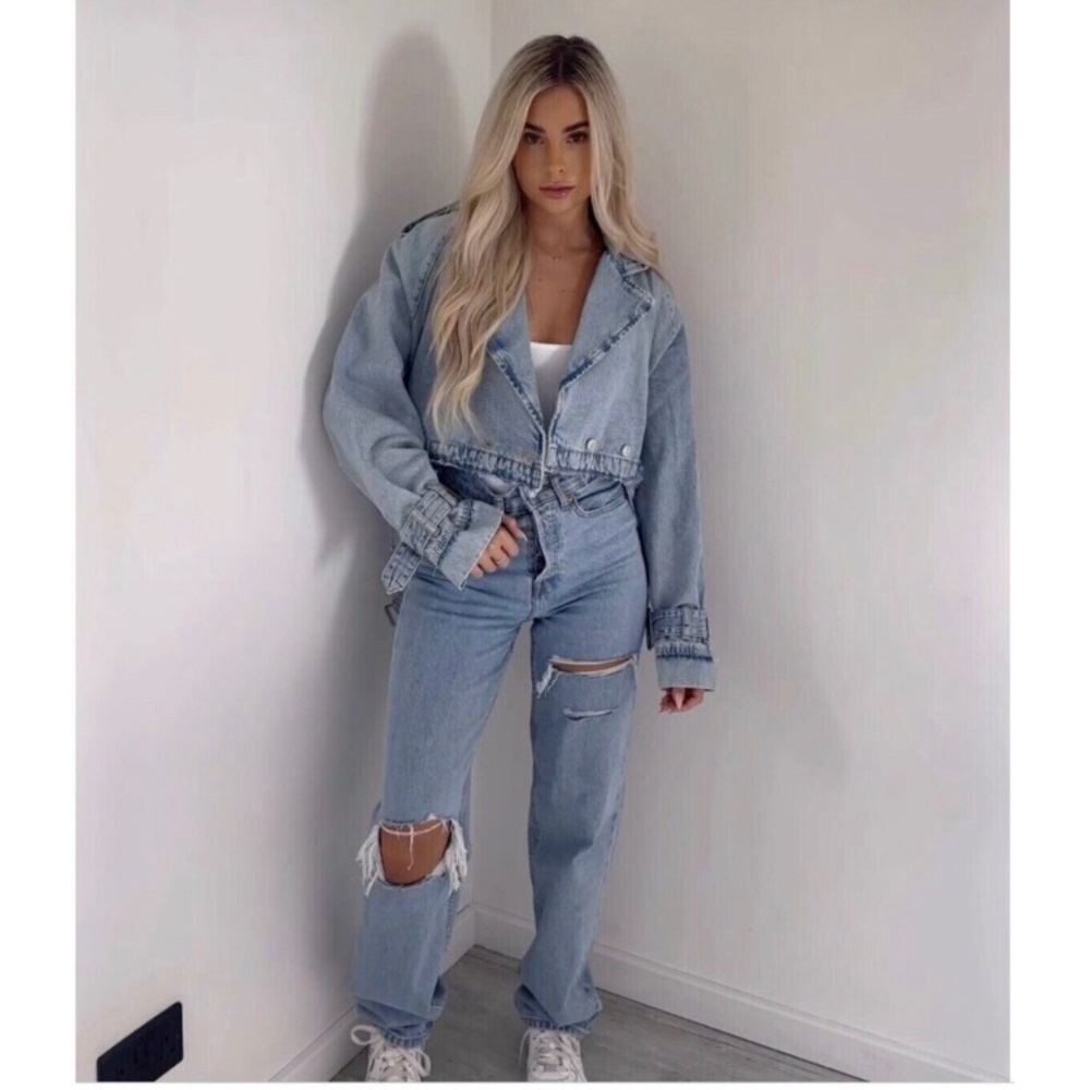 Zara TRF Denim Cropped Trench Coat Blue Jacket S - Picture 14 of 15